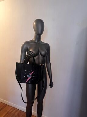 Black Graphic Eye Tote Bag with Pink Lightning Accent